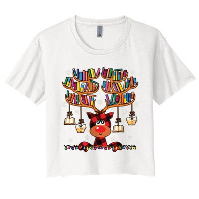 Christmas Librarian Reindeer Matching Family Book Lover Xmas Women's Crop Top Tee