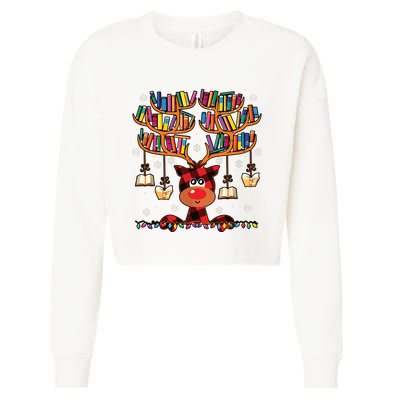 Christmas Librarian Reindeer Matching Family Book Lover Xmas Cropped Pullover Crew