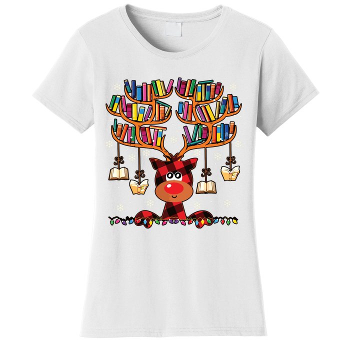 Christmas Librarian Reindeer Matching Family Book Lover Xmas Women's T-Shirt