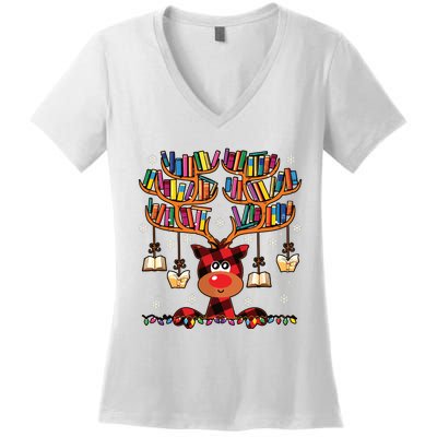 Christmas Librarian Reindeer Matching Family Book Lover Xmas Women's V-Neck T-Shirt