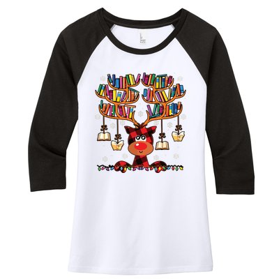 Christmas Librarian Reindeer Matching Family Book Lover Xmas Women's Tri-Blend 3/4-Sleeve Raglan Shirt