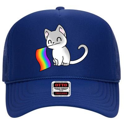 Cat Lgbt Rainbow Flag Pride Month High Crown Mesh Back Trucker Hat