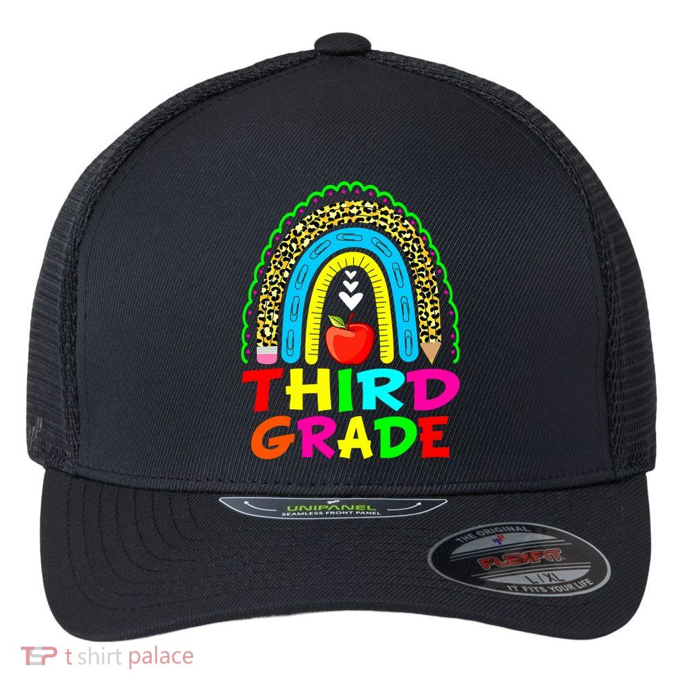 Cute Leopard Rainbow Funny Third Grade Teacher Flexfit Unipanel Trucker Cap