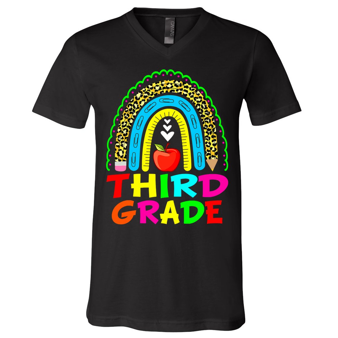 Cute Leopard Rainbow Funny Third Grade Teacher V-Neck T-Shirt