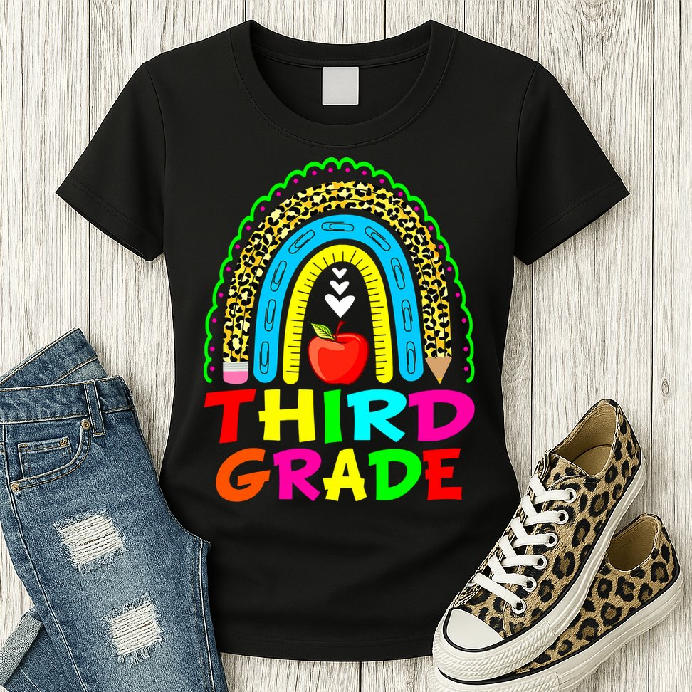 Cute Leopard Rainbow Funny Third Grade Teacher Womens T-Shirt