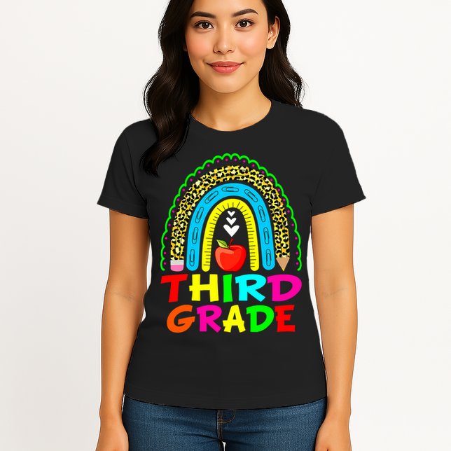 Cute Leopard Rainbow Funny Third Grade Teacher Womens T-Shirt