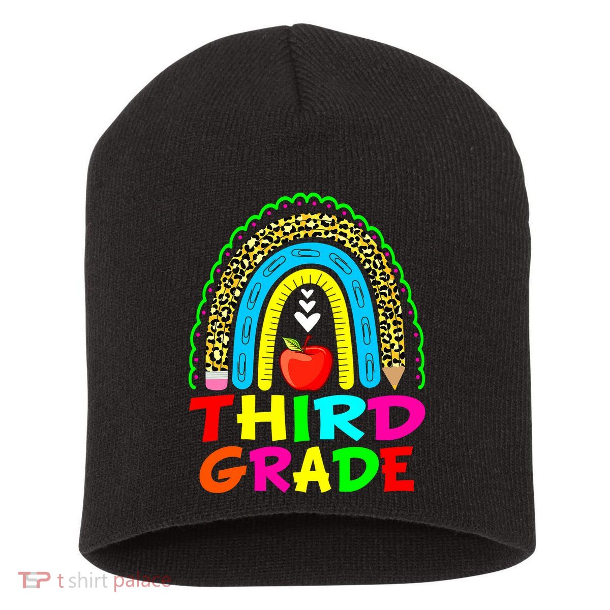 Cute Leopard Rainbow Funny Third Grade Teacher Short Acrylic Beanie