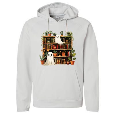 Cute Librarian Spooky Ghost Bookshelves Plant Book Lover Performance Fleece Hoodie