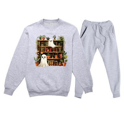 Cute Librarian Spooky Ghost Bookshelves Plant Book Lover Premium Crewneck Sweatsuit Set