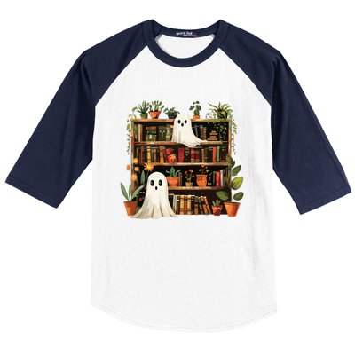 Cute Librarian Spooky Ghost Bookshelves Plant Book Lover Baseball Sleeve Shirt