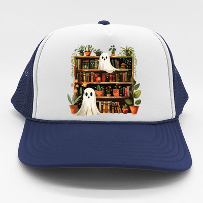 Cute Librarian Spooky Ghost Bookshelves Plant Book Lover Trucker Hat