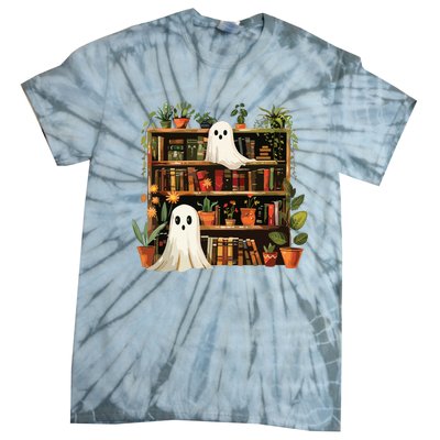 Cute Librarian Spooky Ghost Bookshelves Plant Book Lover Tie-Dye T-Shirt