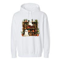 Cute Librarian Spooky Ghost Bookshelves Plant Book Lover Garment-Dyed Fleece Hoodie