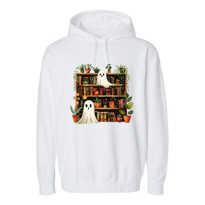 Cute Librarian Spooky Ghost Bookshelves Plant Book Lover Garment-Dyed Fleece Hoodie