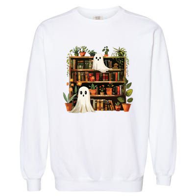 Cute Librarian Spooky Ghost Bookshelves Plant Book Lover Garment-Dyed Sweatshirt