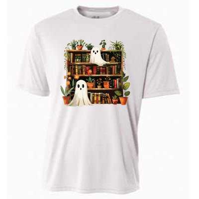 Cute Librarian Spooky Ghost Bookshelves Plant Book Lover Cooling Performance Crew T-Shirt