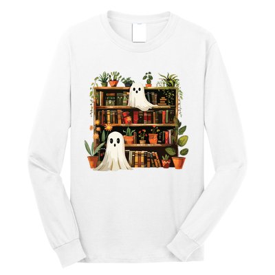 Cute Librarian Spooky Ghost Bookshelves Plant Book Lover Long Sleeve Shirt