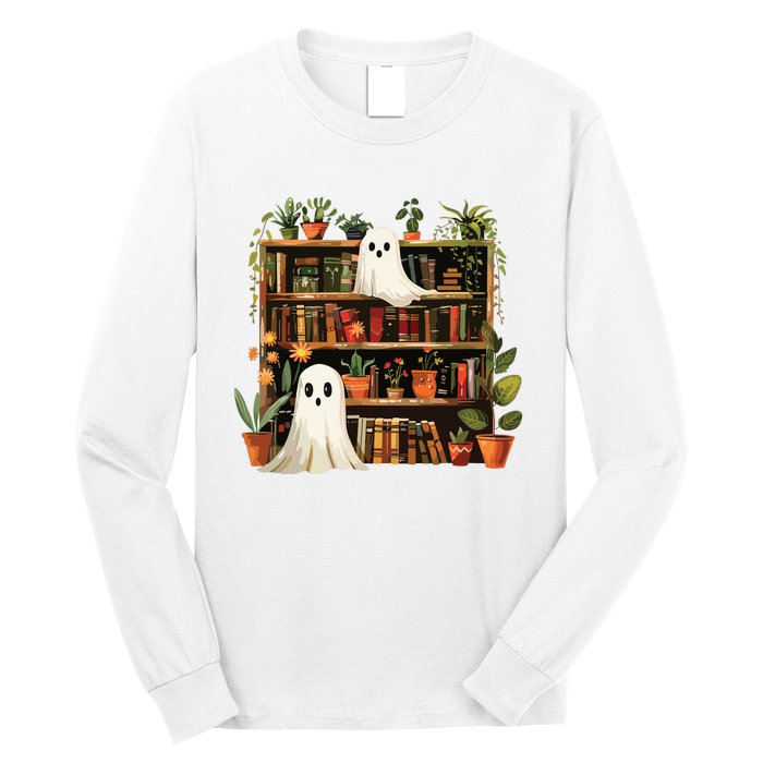 Cute Librarian Spooky Ghost Bookshelves Plant Book Lover Long Sleeve Shirt