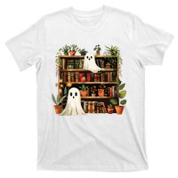 Cute Librarian Spooky Ghost Bookshelves Plant Book Lover T-Shirt