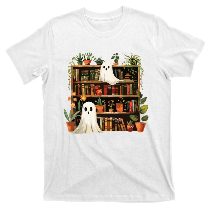 Cute Librarian Spooky Ghost Bookshelves Plant Book Lover T-Shirt