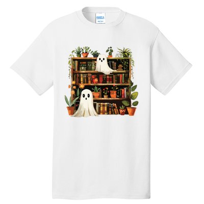 Cute Librarian Spooky Ghost Bookshelves Plant Book Lover Tall T-Shirt