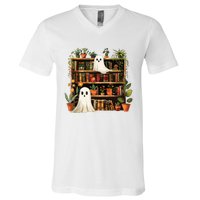 Cute Librarian Spooky Ghost Bookshelves Plant Book Lover V-Neck T-Shirt