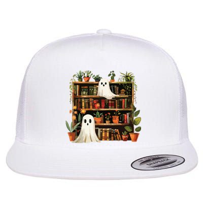 Cute Librarian Spooky Ghost Bookshelves Plant Book Lover Flat Bill Trucker Hat