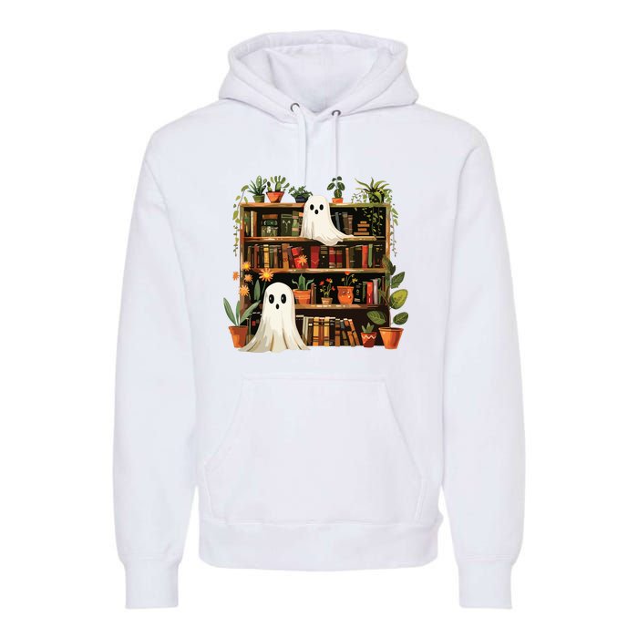 Cute Librarian Spooky Ghost Bookshelves Plant Book Lover Premium Hoodie