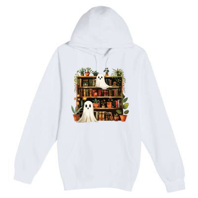 Cute Librarian Spooky Ghost Bookshelves Plant Book Lover Premium Pullover Hoodie