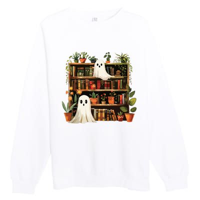 Cute Librarian Spooky Ghost Bookshelves Plant Book Lover Premium Crewneck Sweatshirt