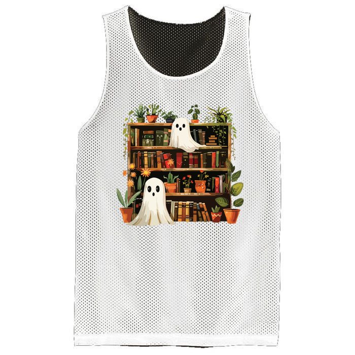 Cute Librarian Spooky Ghost Bookshelves Plant Book Lover Mesh Reversible Basketball Jersey Tank