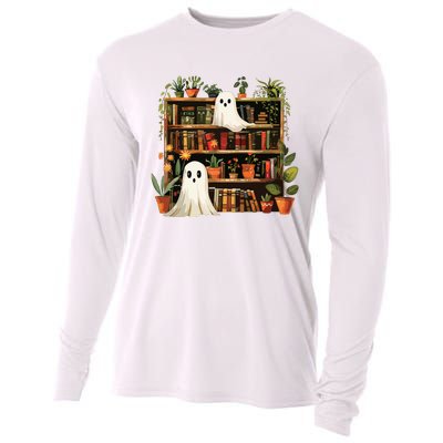 Cute Librarian Spooky Ghost Bookshelves Plant Book Lover Cooling Performance Long Sleeve Crew