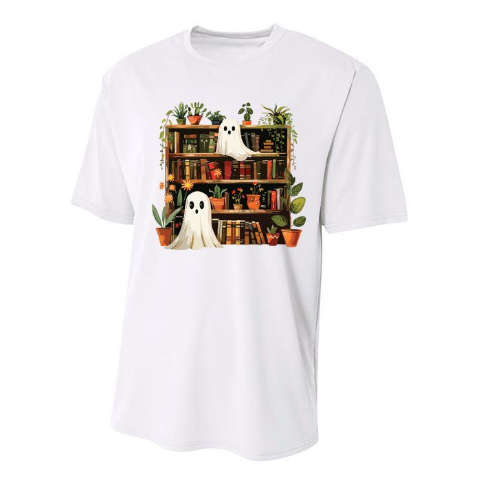 Cute Librarian Spooky Ghost Bookshelves Plant Book Lover Performance Sprint T-Shirt