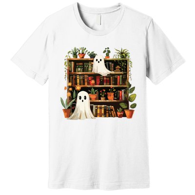 Cute Librarian Spooky Ghost Bookshelves Plant Book Lover Premium T-Shirt