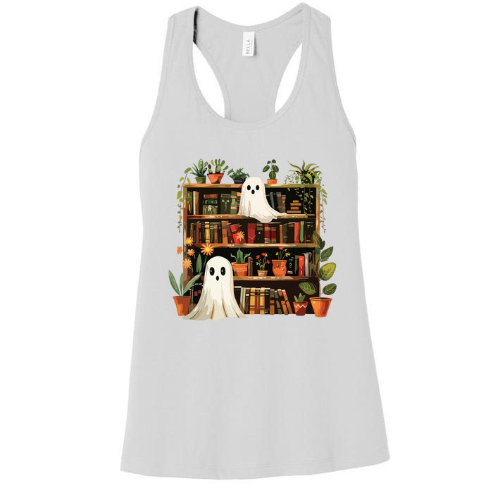 Cute Librarian Spooky Ghost Bookshelves Plant Book Lover Women's Racerback Tank