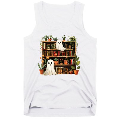 Cute Librarian Spooky Ghost Bookshelves Plant Book Lover Tank Top