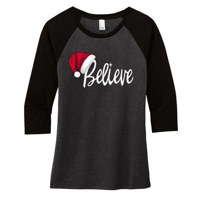 Christmas Long Sleeve TShirt Believe In Santa Claus Shirt Women's Tri-Blend 3/4-Sleeve Raglan Shirt