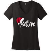 Christmas Long Sleeve TShirt Believe In Santa Claus Shirt Women's V-Neck T-Shirt