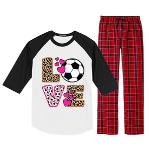 Cute Love Soccer Leopard Print Women Girl Soccer Raglan Sleeve Pajama Set