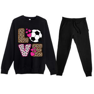 Cute Love Soccer Leopard Print Women Girl Soccer Premium Crewneck Sweatsuit Set