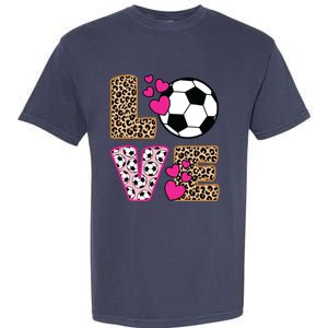 Cute Love Soccer Leopard Print Women Girl Soccer Garment-Dyed Heavyweight T-Shirt