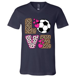 Cute Love Soccer Leopard Print Women Girl Soccer V-Neck T-Shirt