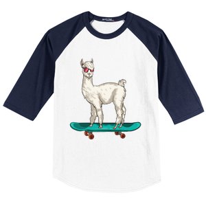 Cute Llama Skating Skater Skateboarding Alpaca Skateboard Great Gift Baseball Sleeve Shirt