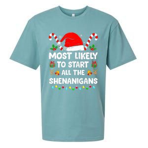 Christmas Likely Start All The Shenanigans Funny Family Xmas Sueded Cloud Jersey T-Shirt