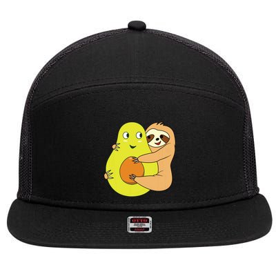 Cute Lazy Sloth Animal Avocado Lover Hugging 7 Panel Mesh Trucker Snapback Hat