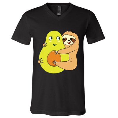 Cute Lazy Sloth Animal Avocado Lover Hugging V-Neck T-Shirt