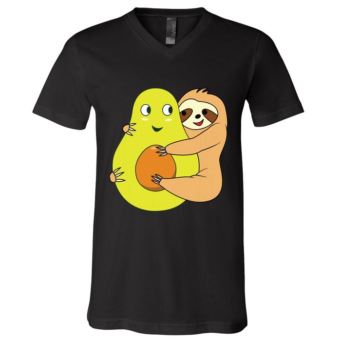 Cute Lazy Sloth Animal Avocado Lover Hugging V-Neck T-Shirt