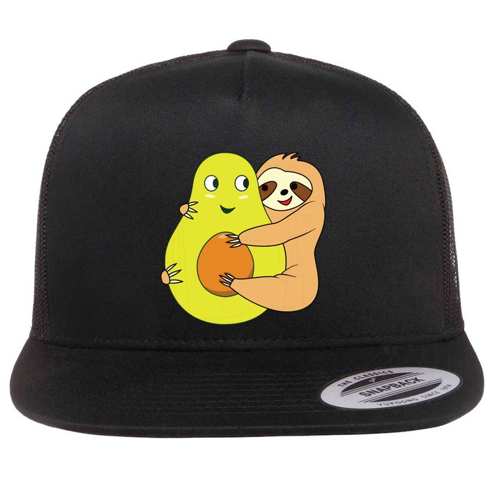 Cute Lazy Sloth Animal Avocado Lover Hugging Flat Bill Trucker Hat