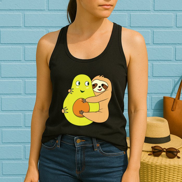 Cute Lazy Sloth Animal Avocado Lover Hugging Womens Tank Top