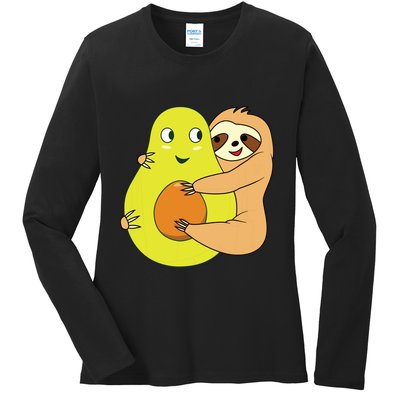 Cute Lazy Sloth Animal Avocado Lover Hugging Ladies Long Sleeve Shirt